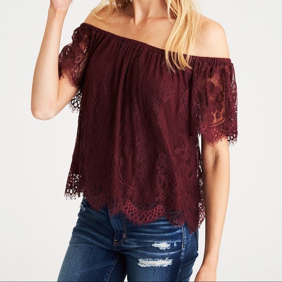 AEO eyelash lace off the shoulder top - Picture 1 of 3